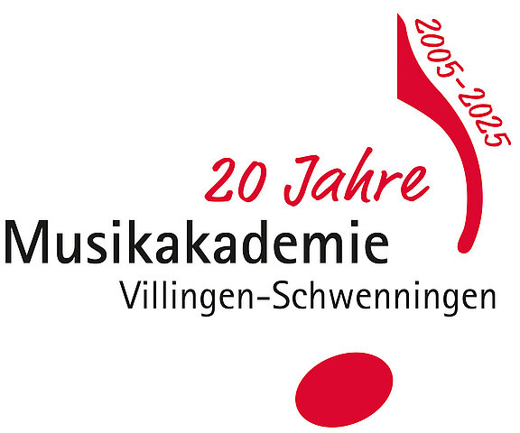 Logo: 20 Jahre Musikakademie Villingen‑Schwenningen mit rotem Notensymbol und Jahresangabe 2005–2025.