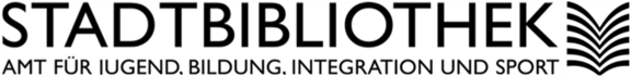 Logo der Stadtbibliothek: großer Schriftzug "STADTBIBLIOTHEK", darunter der Zusatz "Amt für Jugend, Bildung, Integration und Sport" und rechts ein stilisiertes offenes Buch als Symbol.