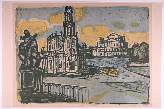 Eine Farblithografie von Otto Dix, in der die Hofkirche von Dresden zu sehen ist.