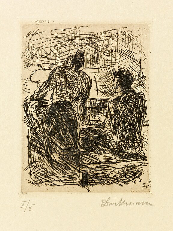 Rückenansicht von einer Frau die steht und einem Mann, der am Klavier sitzt und spielt. Eine Radierung von Max Beckmann.