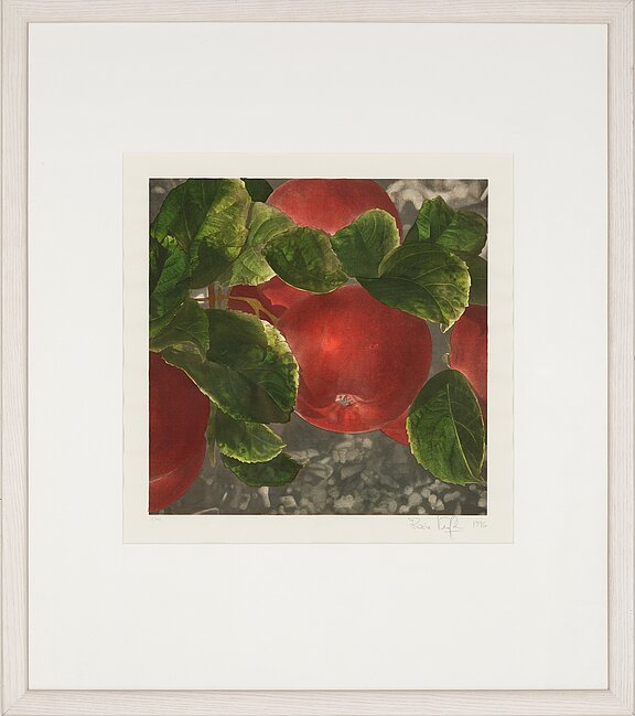 Das Bild zeigt ein Kunstwerk von Karin Kneffel. In der Darstellung sieht man rote Äpfel, die an einem Ast hängen, umgeben von grünen Blättern. Die Äpfel sind glänzend und reif, während der Hintergrund eine unscharfe, graue Textur aufweist.