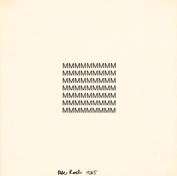 Zentrales Quadrat aus gleichmäßig in Reihen angeordneten schwarzen Großbuchstaben „M“ auf hellem, beigen Hintergrund, minimalistische typografische Darstellung.