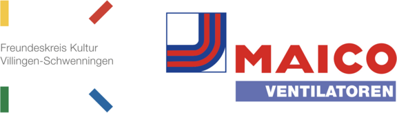 Logo des Freundeskreises Kultur Villingen-Schwenningen und der Firma Maico Ventilatoren. Das Design beinhaltet die Schriftzüge "Freundeskreis Kultur" und "MAICO VENTILATOREN" in verschiedenen Farben und Schriftarten, um die Markenidentität visuell zu vermitteln.