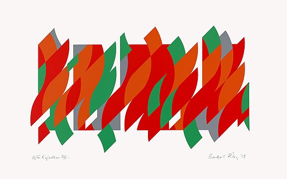 Künstlerische Darstellung mit dynamischen, geschwungenen Formen in Rot, Grün und Orange auf hellem Hintergrund. Die Farben und Linien fördern einen Eindruck von Bewegung und Energie. Die Komposition erzeugt ein harmonisches Gleichgewicht zwischen den verschiedenen Elementen.