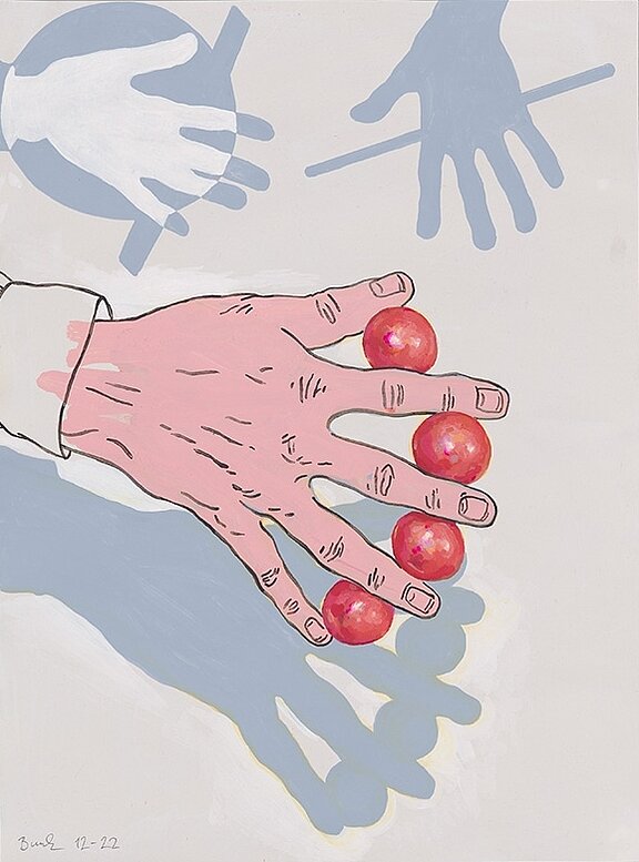 Eine menschliche Hand mit fünf roten Kugeln in der Handfläche. Im Hintergrund sind schemenhafte Hände und Schatten sichtbar, die verschiedene Positionen einnehmen. Die Komposition vermittelt ein Gefühl von Interaktion und Bewegung.